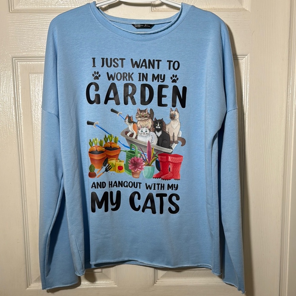 Lilicloth Light Blue Cat and Garden Prints  Sweatshirt Oversized Sz Small